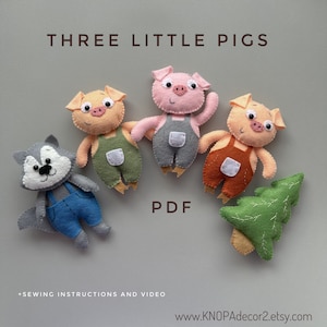 Può includere: Modello PDF per cucire un set di giocattoli in feltro composto da tre maialini, un lupo e un albero di Natale. I maialini indossano salopette di diversi colori: verde, grigio e arancione. Il lupo indossa una salopette blu. Il modello include istruzioni di cucito e un video.