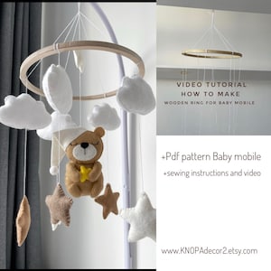 Video tutorial and PDF pattern make your own bear crib mobile plush pattern DIY baby mobile nursery decor felt handmade gift baby shower