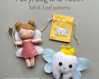 Set of 3 pdf pattern Tooth Fairy handmade felt tooth bag ornaments Fairy doll pattern cute plush funny baby tooth ornament DIY felt doll