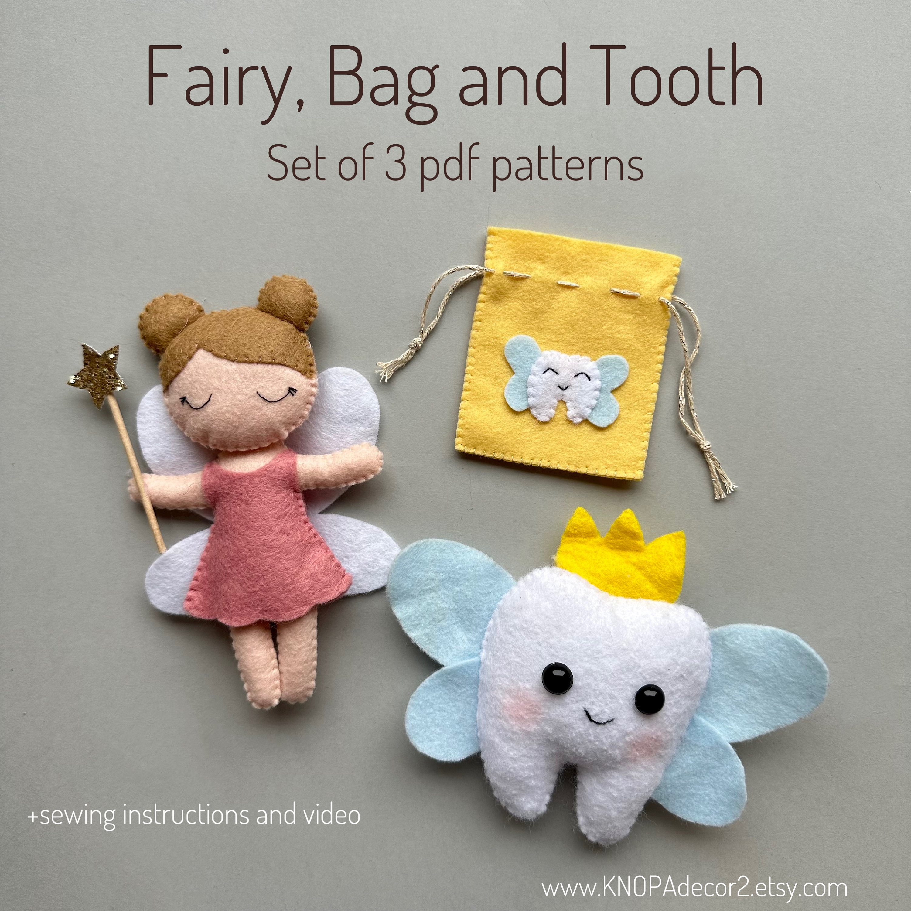 Set of 3 pdf pattern Tooth Fairy handmade felt tooth bag ornaments Fairy doll pattern cute plush funny baby tooth ornament DIY felt doll