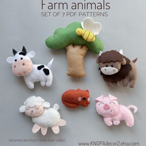 Set of 7 pdf felt farm animals plushie pattern cow plush pig funny ornament baby mobile pattern felt cat tutorial cute baby ornament