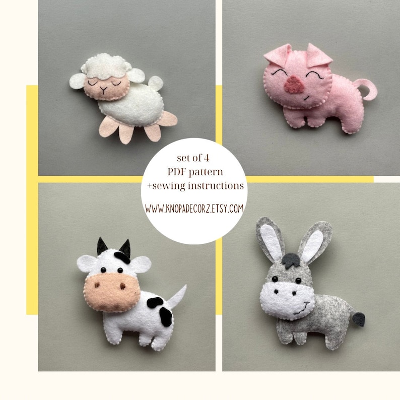 Set of 4 Pdf Pattern Felt Farm Animals Plush Pattern Cow Etsy