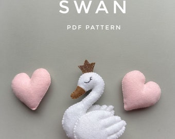 Swan and heart pdf pattern felt animals ornament plush pattern birds felt garland tutorial baby girl ornament handmade plushie pattern toy