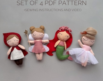Set of 4 pdf Princess doll pattern cute plushie doll fairy ornament mermaid plushie ballerina handmade  girl nursery decor funny ornament