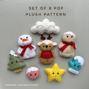 set of 8 pdf plush Christmas pattern snowman ornament plushie pattern handmade home decor Christmas ornament deer kawaii plush new year