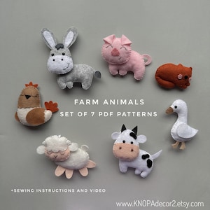 Set of 7 pdf Farm animals plush patterns sheep pig chicken goose cat ornament cow plushie cute donkey handmade felt sewing funny ornaments