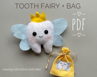 Set of 2 pdf pattern Tooth fairy felt ornaments and baby tooth bag pattern and tutorial cute plush pattern handmade gift funny ornament toys