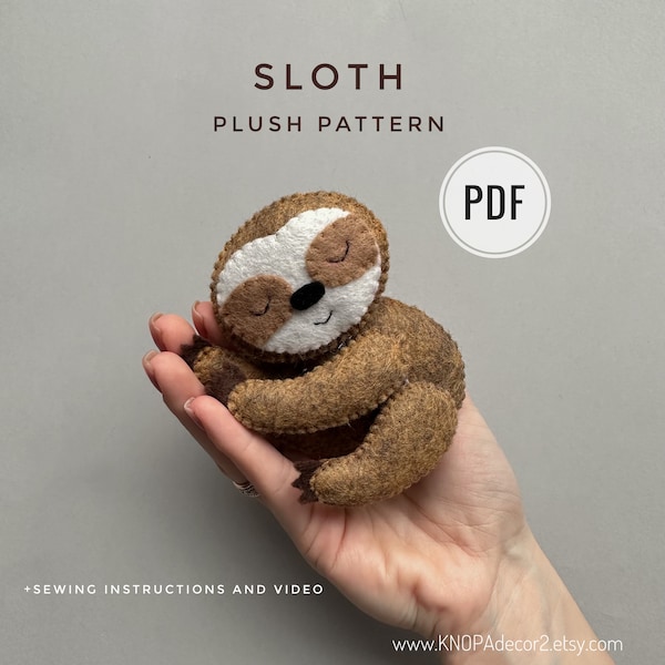 Sloth plush pdf pattern felt animals sewing tutorial sloth ornament plushie pattern cute miniature handmade sloth gift funny toy ornament