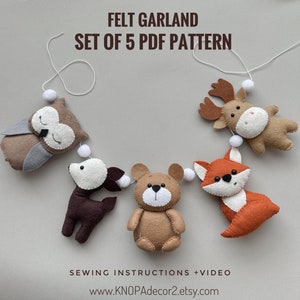 Set of 5 pdf pattern woodland animals felt plush pattern funny ornaments bear and fox plushie felt garland elk cute owl handmade baby toys
