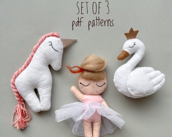Set of 3 pdf pattern Baby girl ornament unicorn plush pattern swan ballerina ornament handmade cute plush nursery decor baby shower gift