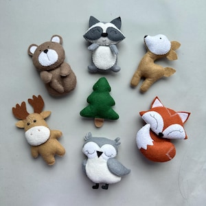 Set of 7 pdf pattern woodland animals felt plush pattern funny ornaments bear and fox plushie pattern raccoon elk cute owl baby toys