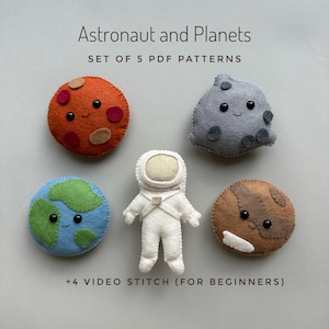 Set of 5 pdf felt Astronaut plush pattern planets kawaii handmade birthday gift space moon ornament set earth ornament nursery decor galaxy