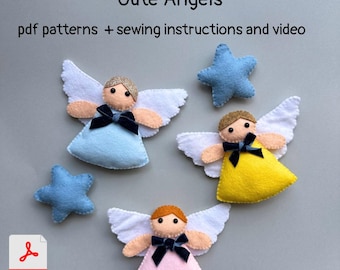 Lindo patrón de ángel de peluche en PDF, adorno navideño hecho a mano, muñeco de fieltro suave, tutorial, juguete en miniatura, proyecto de costura de ángel de fieltro, descarga instantánea