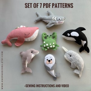 Set von 7 pdf Muster unter dem Meer Ornamente Whale Plüsch Muster Hai Plüschtier Baby Handy Muster handgemachte Filzgirlande lustige Verzierungen