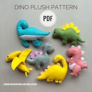Set of 6 dinosaur plush pdf pattern felt sewing pdf pattern funny Dino boy ornaments handmade gift kawaii plushie baby nursery mobile