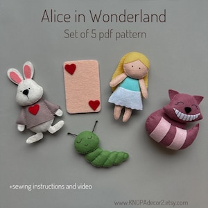 Set of 5 pdf pattern Alice in Wonderland doll pattern baby mobile funny felt ornaments plushie Cheshire Cat plush cute handmade decor
