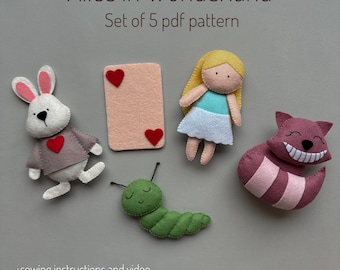 Set of 5 pdf pattern Alice in Wonderland doll pattern baby mobile felt ornaments plushie pattern Cheshire Cat plush cute handmade decor