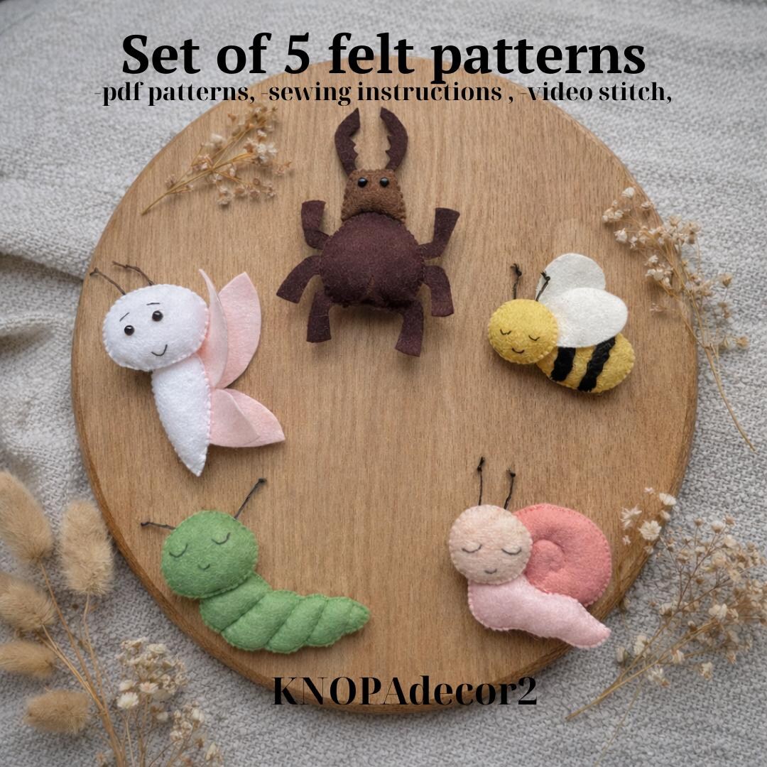 Felt Insect Ornament Pattern Set: Bee, Butterfly, Snail, Worm and ...