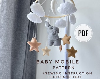 Set of 4 pdf felt Baby mobile pattern plush Elephant ornament kawaii plush sewing pattern cute baby nursery DIY handmade gift for newborn