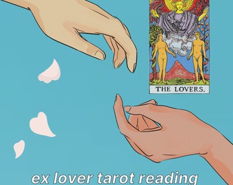 May include: A tarot card reading with the Lovers card, depicting a winged figure above two people, with two hands reaching towards each other. The text "ex lover tarot reading" is below the card.