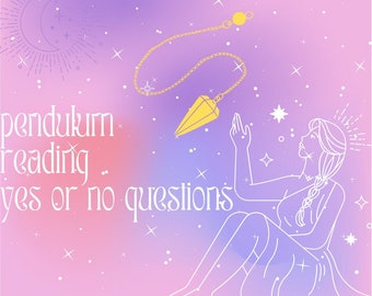 Può includere: Uno sfondo sfumato rosa e viola con un contorno bianco di una donna che tiene un pendolo. Il testo "pendulum reading... yes or no questions" è scritto in bianco.