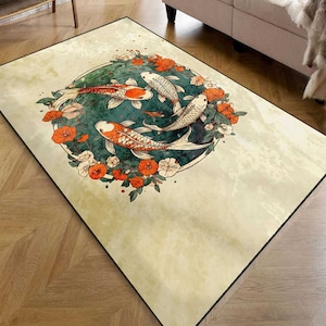 Koi Fish Rug,Couple Koi Fish Rug,Floral Koi Fishes Rug,Japanese Art Koi Fish Rug,Koi Fish Area Rug,Floral Pond Rug,Fish Pond Rug,Custom Rug