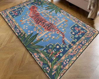 Botanical Tiger Leopard Print Rug, Rustic Wild Animal Rug, Unique Area Rug, Tiger Pattern Rug, Ethnical Plant Rug, Tiger Rug, Indian Rug