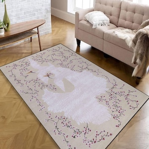 Japanese Crane Rug,Sakura Cherry Blossom Carpet,Elegant Bird Printed Rug,Asian Zen Decor,Soft Washable Floor Mat,Vintage Oriental Aesthetic
