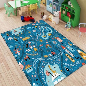 Bunter Kinder Spielzimmer Teppich, Spaß Stadt Karte Teppich mit Straßen, Tiere & Züge Lernspielmatte für Kinder,Kinderzimmer,Klassenzimmer Kleinkind Zimmer
