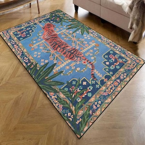 Botanical Tiger Leopard Print Rug, Rustic Wild Animal Rug, Unique Area Rug, Tiger Pattern Rug, Ethnical Plant Rug, Tiger Rug, Indian Rug