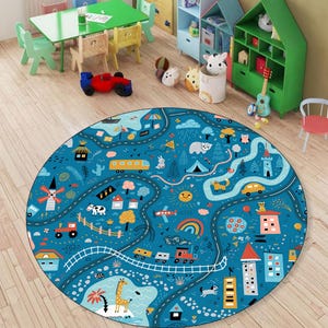 Bunter Kinder Spielzimmer Teppich, Spaß Stadt Karte Teppich mit Straßen, Tiere & Züge Lernspielmatte für Kinder,Kinderzimmer,Klassenzimmer Kleinkind Zimmer