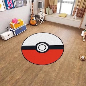 Pokeball Rug, Poke Ball Round Rug, Anime Pokeball Decor, Pokeball Japanese Patterned Rug, Game Rug, Gamer Room Rug, Manga Decor, Arcade Rug
