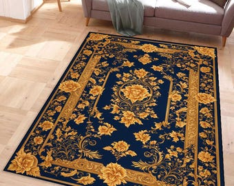 ネイビーブルーの花柄ラグ：ヴィンテージバロックゴールドアクセント