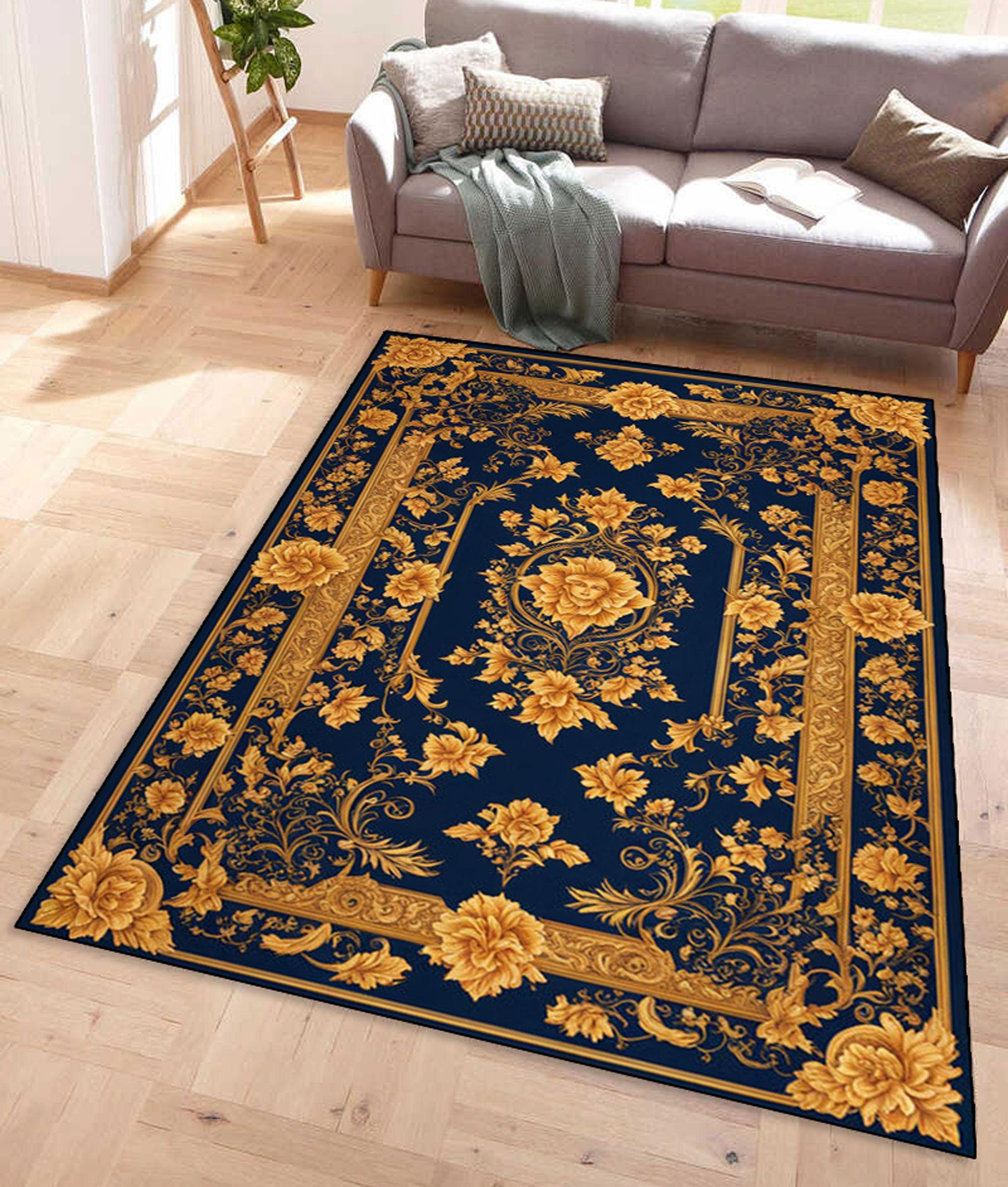 ネイビーブルーの花柄ラグ：ヴィンテージバロックゴールドアクセント