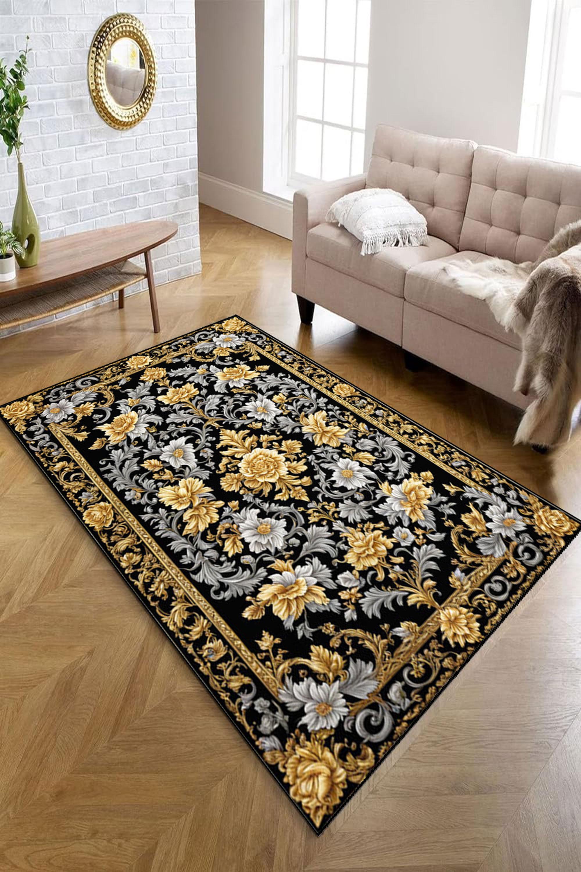 ネイビーブルーの花柄ラグ：ヴィンテージバロックゴールドアクセント