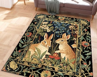 Cottagecore Rabbit Rug | Woodland Bunny Tapestry Carpet | Vintage Animal Area Rug | Fairytale Forest Home Decor | Cozy Cottage Living Rug