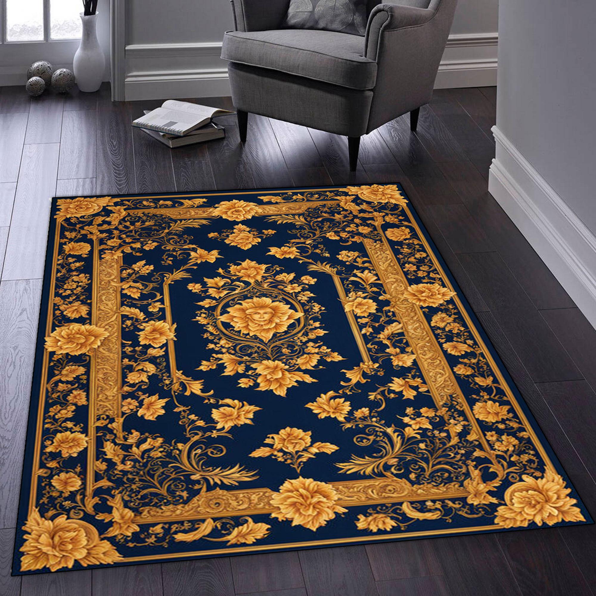 ネイビーブルーの花柄ラグ：ヴィンテージバロックゴールドアクセント