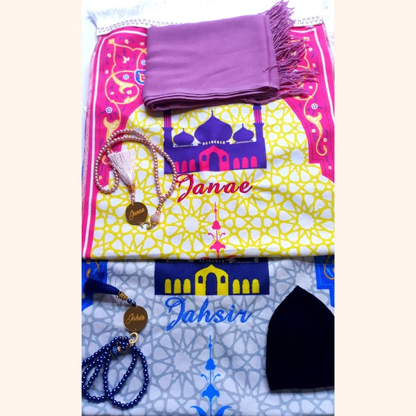 Sejadah personnalisé pour enfant, ensemble-cadeau de tapis de prière Tasbih hijab kufi pour le ramadan, tapis de prière personnalisé pour enfants musulmans, cadeau Janamaz Musallah