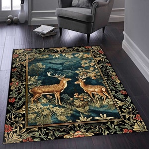 Woodland Aesthetic Deer Rug | Mystical Room Decor William Morris Inspired Cottagecore Aesthetic Fairycore Bedroom Magical Nature Inspired |