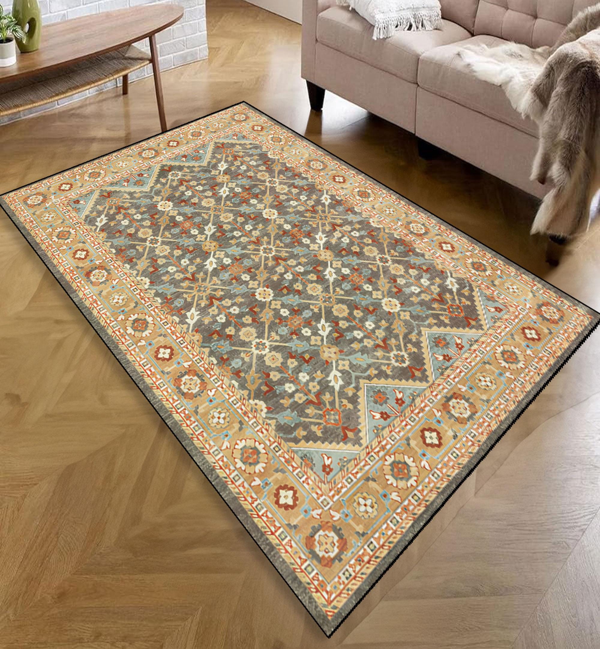 ヴィンテージペルシャメダリオンラグ：花柄ボーダー、伝統的な東洋