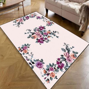 Vintage Teppich mit Blumenmuster - Eleganter Teppich mit Rosendruck, Shabby Chic Rosenteppich - Pastellfarbener Blumenteppich für Zuhause, Cottagecore-Dekor, Boho Blumenteppich