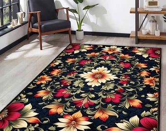 ネイビーブルーの花柄ラグ：ヴィンテージバロックゴールドアクセント