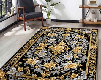 ネイビーブルーの花柄ラグ：ヴィンテージバロックゴールドアクセント