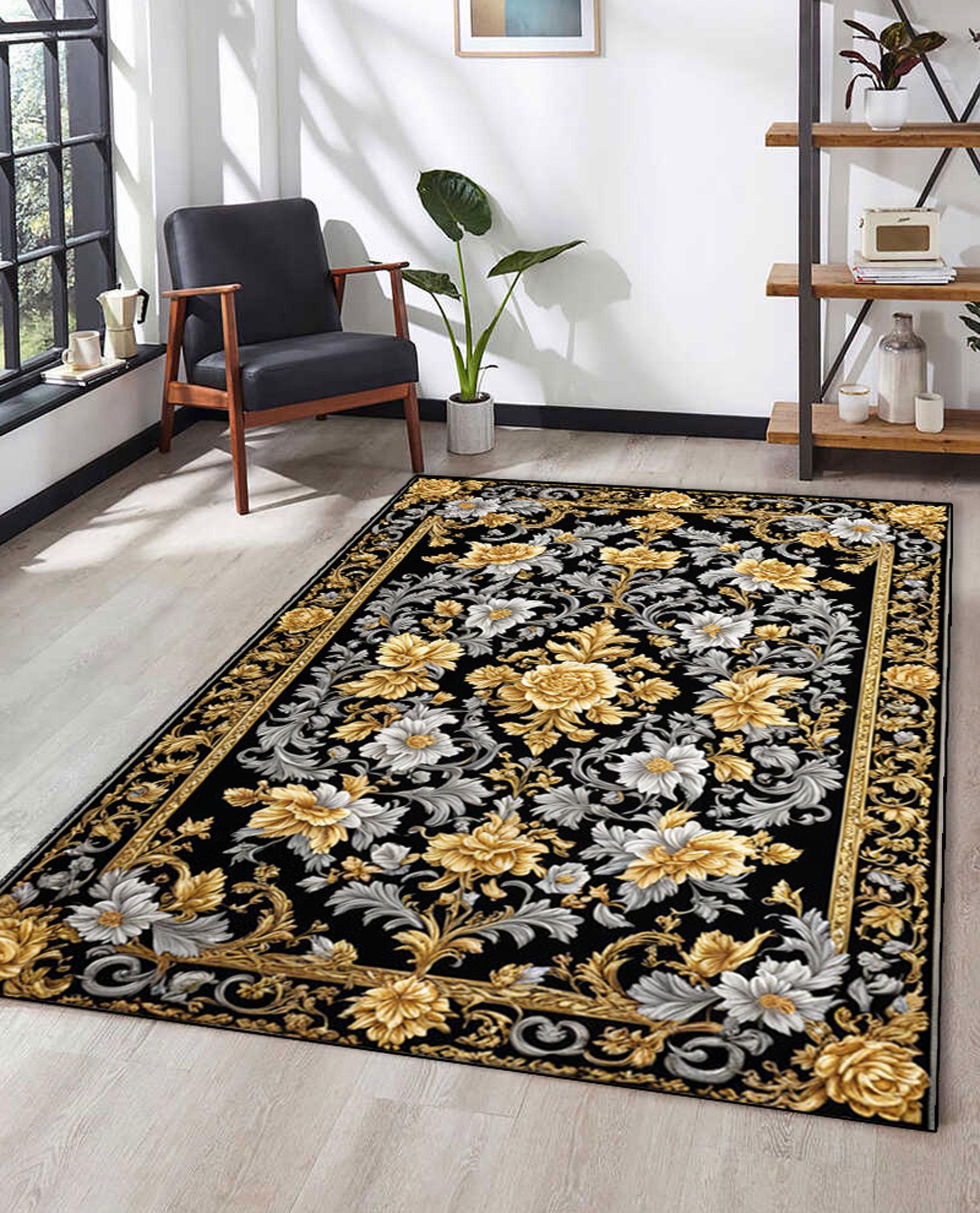 ネイビーブルーの花柄ラグ：ヴィンテージバロックゴールドアクセント