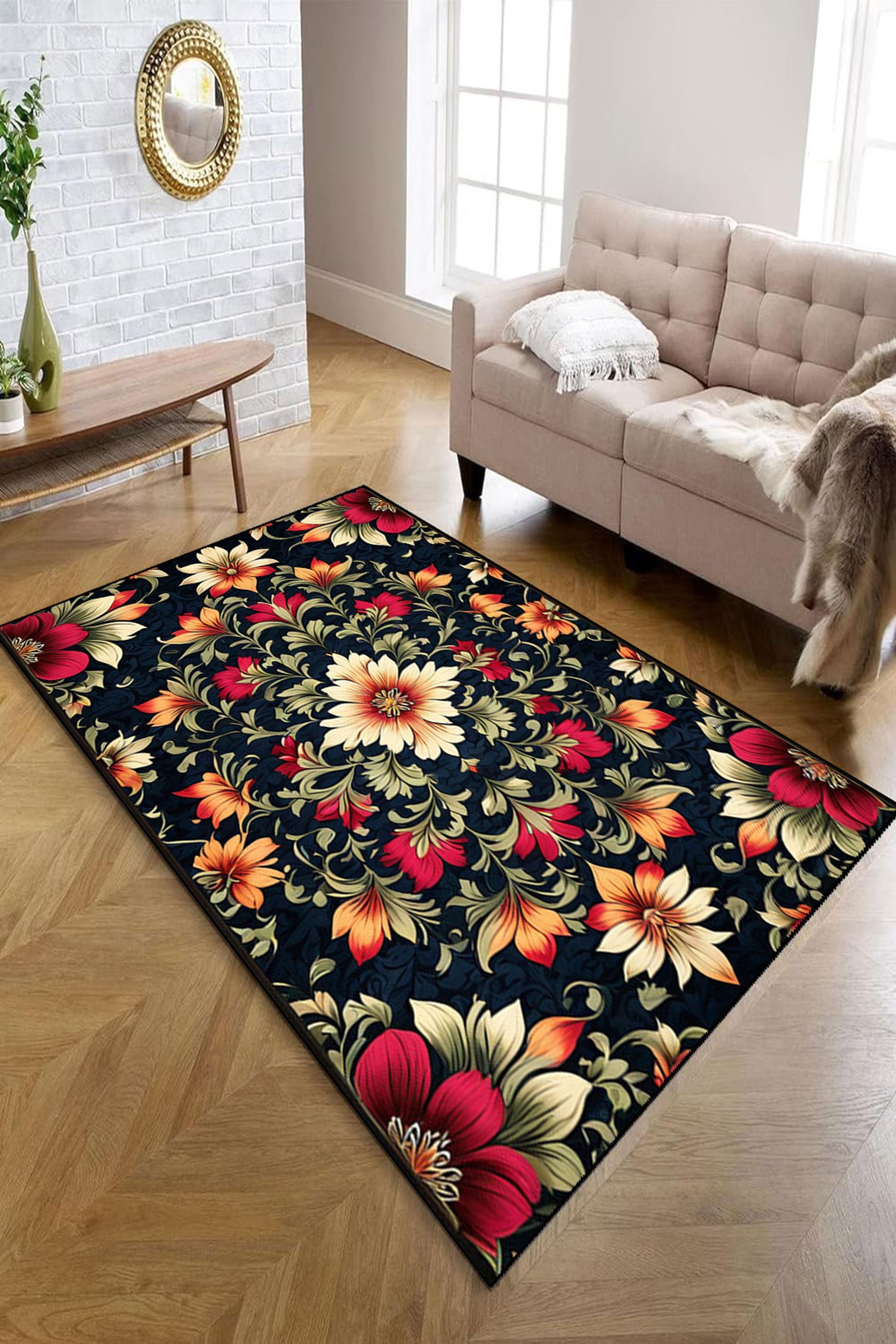 ネイビーブルーの花柄ラグ：ヴィンテージバロックゴールドアクセント