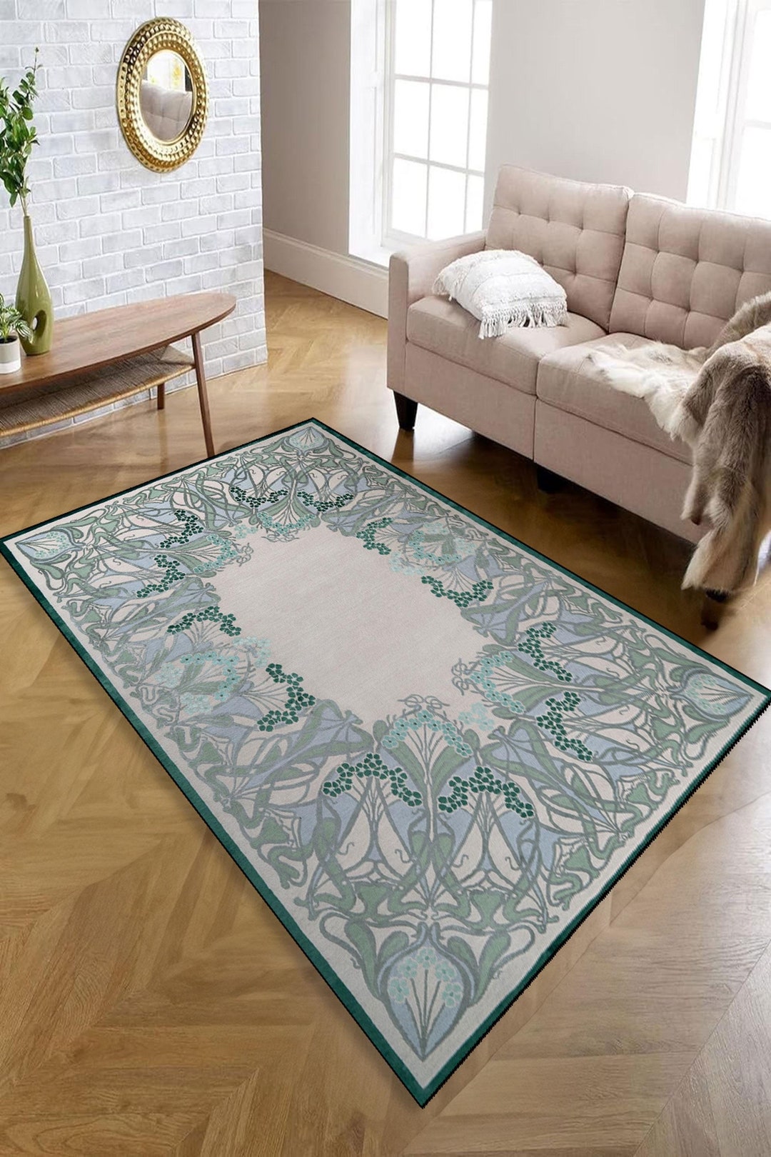 Elegant Art Nouveau Floral Rug Green and Cream Botanical Area Carpet ...