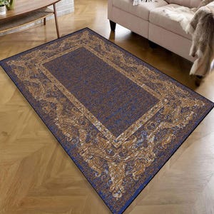 Elegant Navy Blue Gold Persian Rug,Traditional Vintage Area Carpet,Oriental Floral Design,Washable Large Floor Mat for Living Room & Bedroom