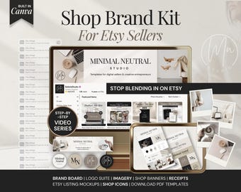 May include: A digital shop brand kit for Etsy sellers featuring a computer monitor and mobile device displaying templates. The design includes text such as Shop Brand Kit For Etsy Sellers, Minimal Neutral Studio, and Stop Blending In On Etsy.