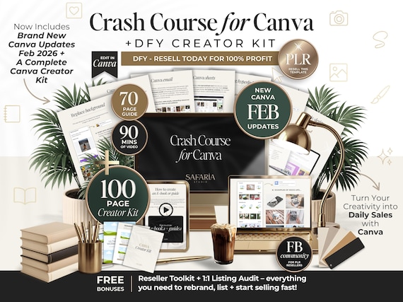 Crash Course For Canva With PLR Resell Rights, DFY Canva Guide + Creator Kit Bundle For Etsy Sellers, PLR Digital Product To Sell on Etsy