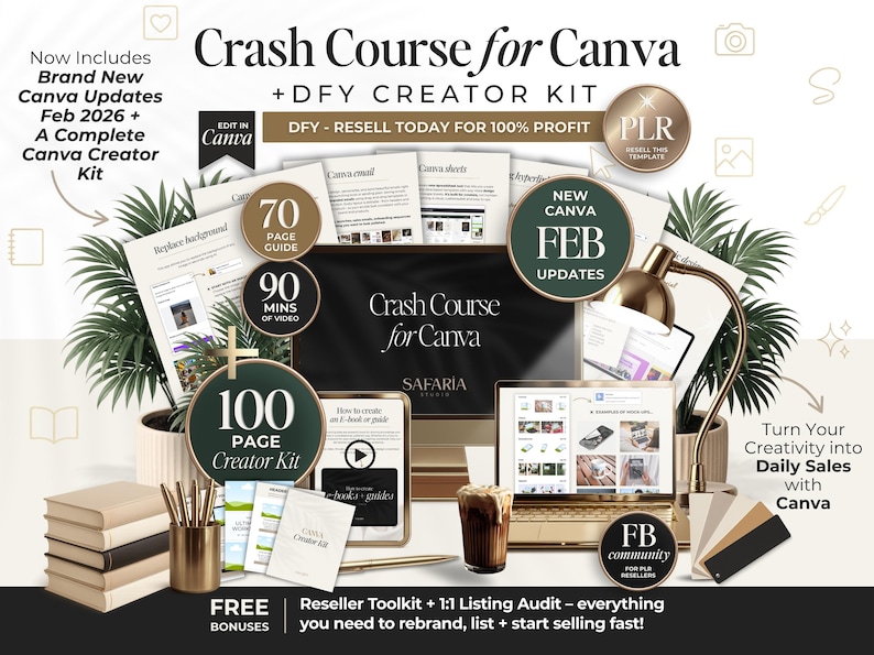 May include: An image promoting a Canva crash course and creator kit. The scene includes a laptop, documents, a coffee drink, and a desk lamp. Text includes "Crash Course for Canva" and "DFY Creator Kit".